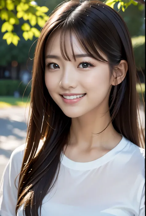 (((daytime park:1.3, outdoor, Photographed from the front))), ((long hair:1.3, white shirt, denim,japanese woman, smile,cute)), (clean, natural makeup), (highest quality, masterpiece:1.3, 超High resolution), (Super detailed, caustics), (realistic:1.4, RAW s...