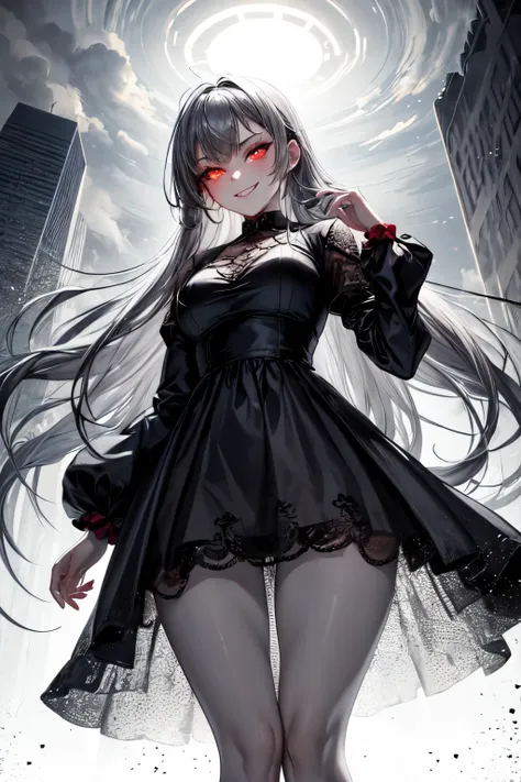 (1 girl, long hair, glowing red eyes, dress, smug face, evil smile, sexy, big ), (gray, gray theme, backlight, fog), facing the viewer, looking at you, view from below