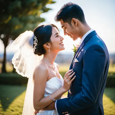 Wedding couple looking at each other with love, cielo estrellado, claridad media