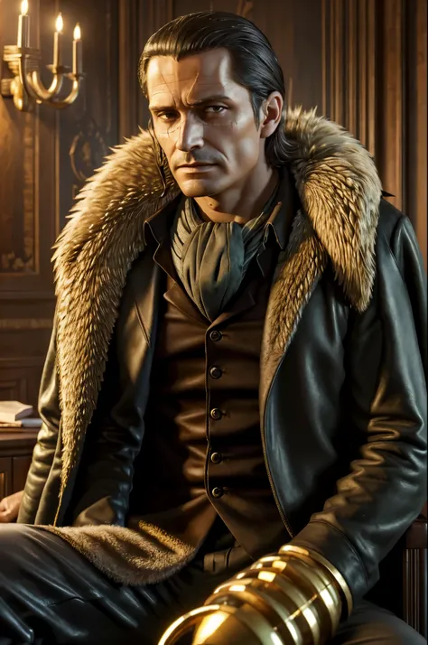 masterpiece, best quality, extremely detailed, hyperrealistic, photorealistic, a cool 40s man, ultra detailed face:1.2, fur-trimmed coat, scarf around the neck, his left hand is a golden pirate hook:1.1, sitting, presidents room
