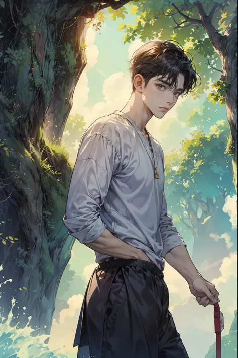 ((Best quality)), ((masterpiece)), (detailed), ((perfect face)), ((face focus)) a handsome young korean boy and short hair, resides in a cozy cathedral beside the beach, where he channels his creative energy into capturing the enchanting harmony between ch...