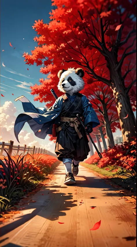 (a panda),(standing on a dirt street),(red trees),(field),(in a dynamic action pose) wearing (a blue samurai outfit), with (detailed eyes). (best quality, ultra-detailed, realistic) painting, with vibrant colors, capturing the essence of the scene.