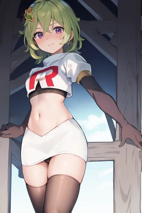 colleidef, blush, outdoors, short hair, team rocket,team rocket uniform, red letter R, white skirt,white crop top,black thigh-highs,black elbow gloves