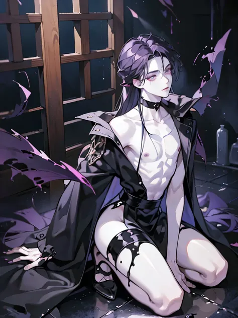 A young guy with long dark purple hair.lustful with white and black slime from the lower waist in a dark black place kneeling on the floor with his back arched, dark purple liquid slime all around his body, pale white skin, handsome lean male, graphic and ...