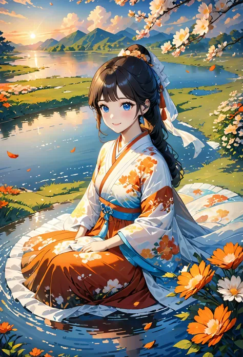 (8k, best quality, masterpiece:1.2), (realistic, photo-realistic:1.5),1girl, cute, sitting, dating, (smile:1.15), (closed mouth) medium breasts, beautiful detailed eyes, (Hanfu, tang, Tang Dynasty, Tang clothing: 1.4),full body, ((topless)), ((bra)), beaut...