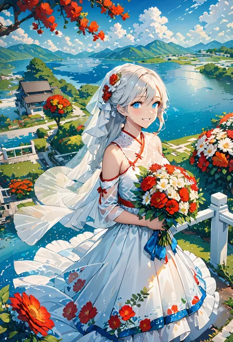 masterpiece,best quality,1girl,bare shoulders,white hair,veil,blue eyes,very long hair,grin,bouquet,day,dress,flower,holding,hol...