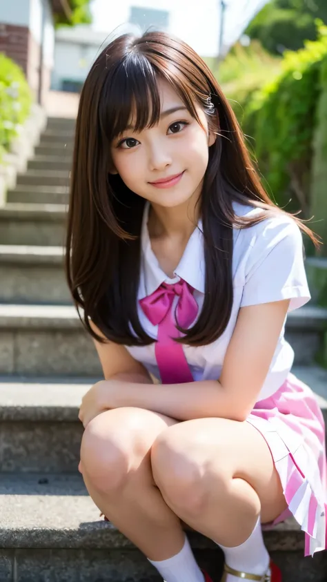 Best-quality, Masterpiece, Ultra-High-Resolution, (Photorealistic:1.4), Raw-Photo, full-body-shot, front-view, from-below, 1girl, the most famous Japanese idol, squatting at stairways, wearing matching Japanese-high-school-spring-uniform, (extremely cute f...