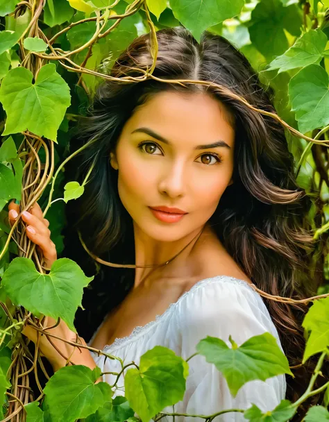 A mysterious woman with a captivating gaze and a hint of mischief, surrounded by delicate, intertwined vines.