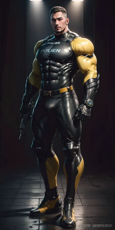 Tall giant muscular police officer，Yellow-gray honeycomb network pattern nano mecha，honeycomb pattern，Lightweight texture，character concept（Resident Evil - chris redfield，chris redfield）senior police officer，small grid texture，regular symmetrical texture p...