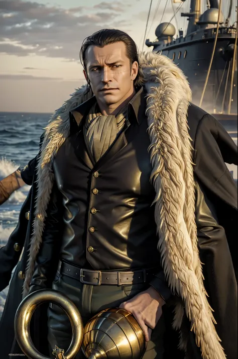 masterpiece, best quality, extremely detailed, hyperrealistic, photorealistic, a cool 40s man, ultra detailed face:1.2, fur-trimmed coat, scarf around the neck, his left hand is a golden pirate hook:1.1, sea:1.2, on battle ship
