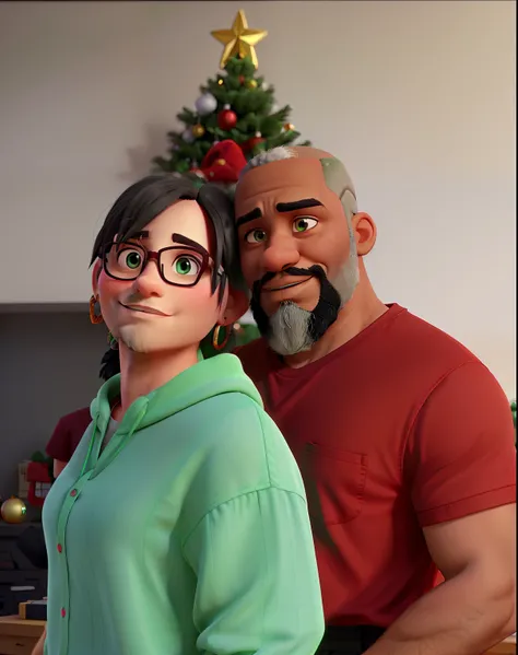 Create a couple of a bald gray-bearded black man in a red shirt with a white woman with tied straight hair in a green shirt and a Christmas tree behind them 