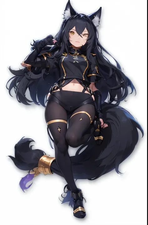 a cartoon image of a woman in a black outfit with a cat tail, mystical anubis valkyrie, knights of zodiac girl, dark fox mage, noire, female anthropomorphic wolf, black and gold armor, lucina from fire emblem, black shiny armor, black and golden armor, any...