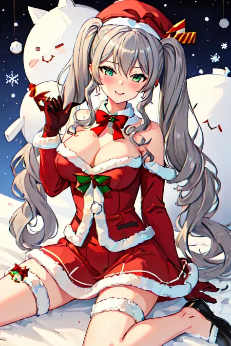 highest quality, masterpiece, High resolution, 一人in, {Kashima_Fleet Collection:1.15}, twin tails, gray_hair, wavy_hair, green_eye, chest, blush, length_hair, smile, hin, big_chest, beret, 1 girl, bell, Christmas, looking for_in_viewer, hair_ornament, santa...