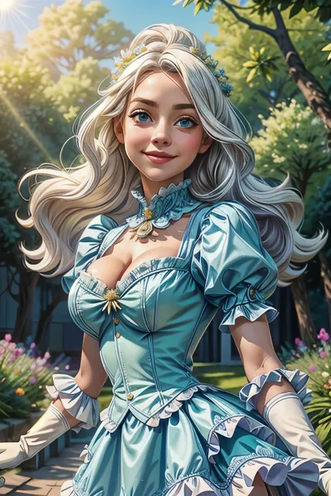 best qualtity， tmasterpiece， White hair，Blue eyes， A girl，intricate details, 1girl, twin drills, frilled dress,ahoge, puffy sleeves, asymmetrical legwear,gloves,、smile， Realistic, long Floating hair, spring, Detailed face, small breasts, cleavage, mini ski...