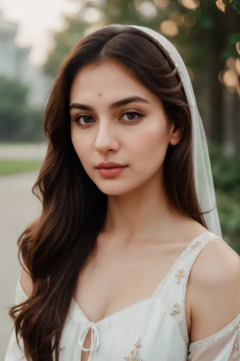 "Craft a captivating portrait that showcases the allure of a young Pakistani Russian woman with dark brown eyes, porcelain white skin, and cascading chestnut hair, capturing her essence with delicate features and an air of timeless beauty."