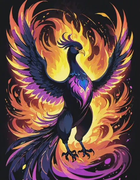 ((((black light poster art)))), design a captivating art piece featuring the essence of a mythical fire phoenix, with its feathers ablaze in radiant hues, surrounded by swirling flames and symbols of rebirth and transformation