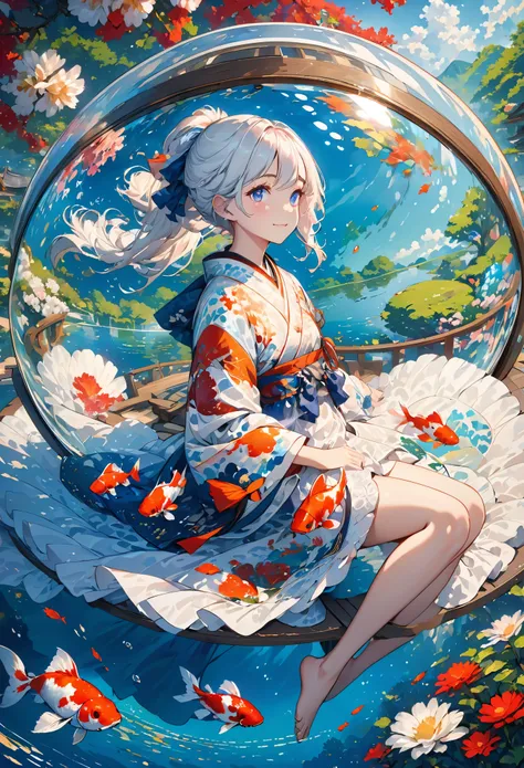 [(Transparent background:1.5)::5],(((masterpiece))),(((best quality))),(((extremely detailed))),illustration, 1girl,solo,mysterious,vivid color,shiny, underwater transparent sealed hemispherical glass dome, (white hair),(purple eyes), full body,barefoot,lo...