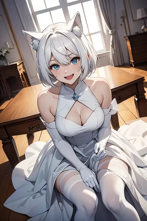 table top　High level image quality　best image quality　8K　 adult woman　portrait　white long gloves（elbow bag）　white pantyhose　Wedding dress（sleeveless）　white wolf ears　short hair（（shortcut）（pure white hair）（perm）（fluffy））　eye color is blue　attractive face（（l...