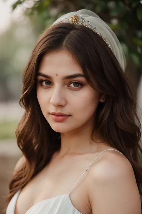 "Craft a captivating portrait that showcases the allure of a young Pakistani Russian woman with dark brown eyes, porcelain white skin, and cascading chestnut hair, capturing her essence with delicate features and an air of timeless beauty."