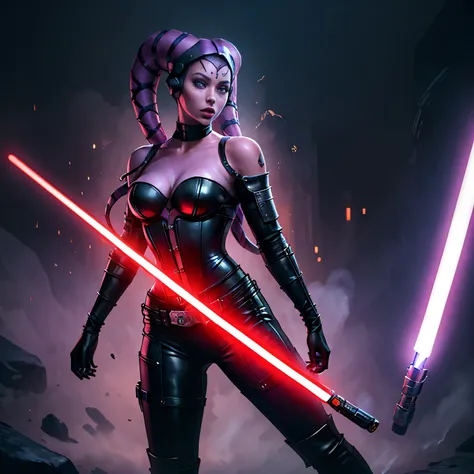 (purple skin, violet skin), Twilek woman, (red lightsaber), Sith twilek, black leather covered corset, shoulder pads, long sleeves, skirts, black trousers with red lacing, long boots, black leather boots, buckles, straps, Star Wars, vivid colours, foggy ba...