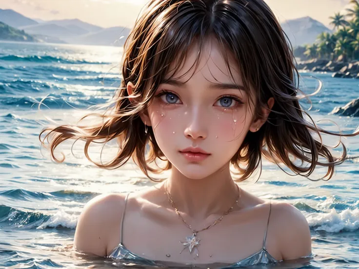 A crying girl, hugging her knees tightly and shedding big tears on a serene beach. (best quality, 4k, high-res, ultra-detailed), with an emotionally charged atmosphere, capturing the raw intensity of her sorrow. A picturesque scene rendered in vivid colors...