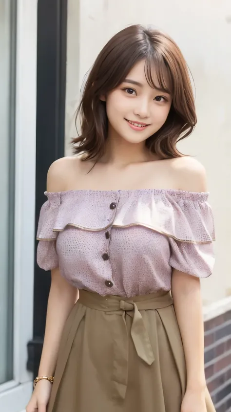  highest quality、disorganized、((the cutest girl in the world))、Japanese、16 year old girl、Cafe、((Spring-like clothes))、(skirt)、(Off-shoulder jacket)、nice and cute、innocent smile、nice smile、big breasts、(ample breasts:1.3)、medium bob hair、brown hair、thin wais...