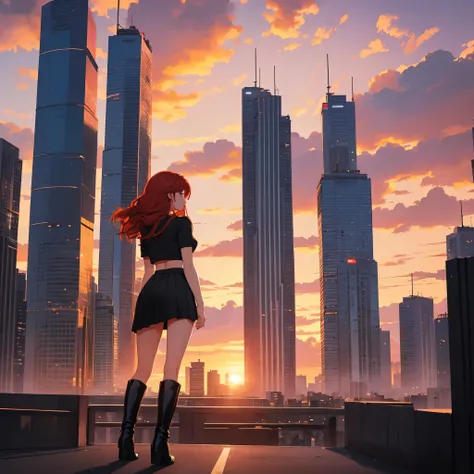 ((best illustrations)) brazilian girl, redhead, Teenage body, black top, black tight skirt, black boots, cityscape, building, skyline, sunset, silhouette against the background of clouds, meditative.  