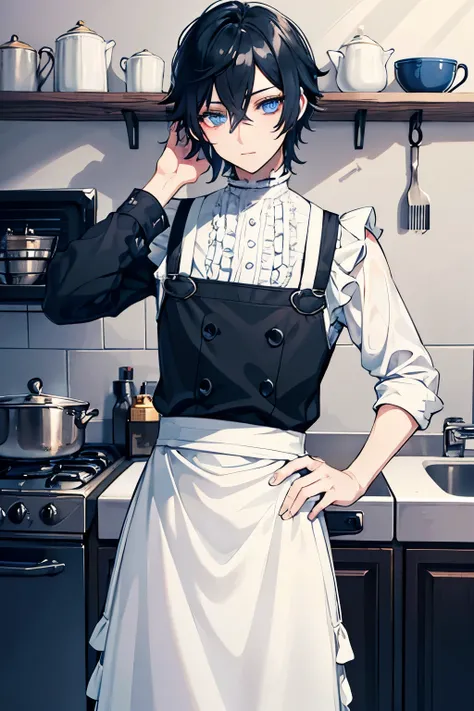 male　black hair　blue eyes　steampunk　kitchen　white frilly apron　slacks　pantake a dish　Stir-fried vegetables　whole body　cool　masterpiece　Highest image quality　noise removal　clear parts 　cinematic shadow　Increases the attractiveness of the eyes　clear parts th...