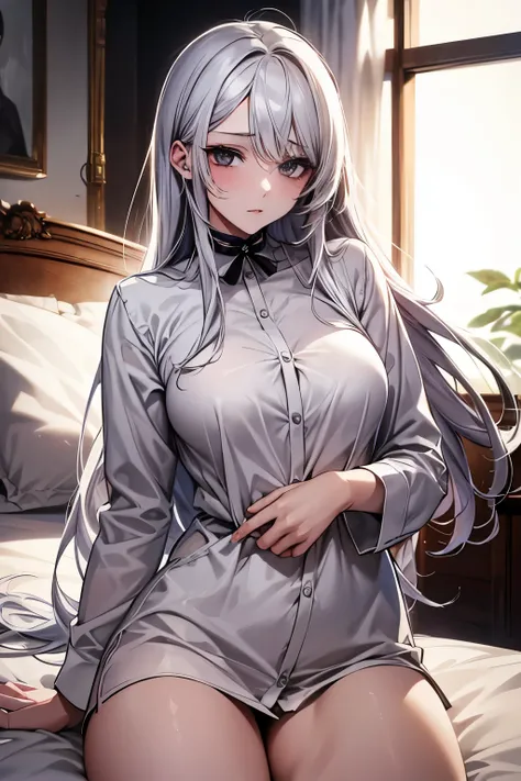 best quality, 32k, RAW photo, beautiful woman, wearing white loose long shirt, amorous and lewd expression, incredibly absurdres, extremely detailed, delicate texture, black eyes, black hime cut, on the bed