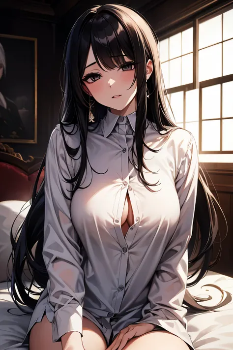 best quality, 32k, RAW photo, beautiful woman, wearing white loose long shirt, amorous and lewd expression, incredibly absurdres, extremely detailed, delicate texture, black eyes, black hime cut, on the bed