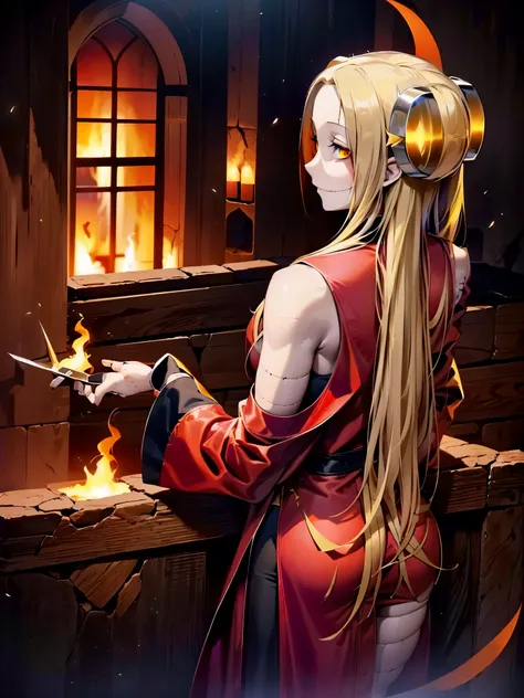 madaraki_fran,young woman,yellow hair,long hair,(((dressed in a surgeon&#39;s robe))) , (against the backdrop of hell), holding ...