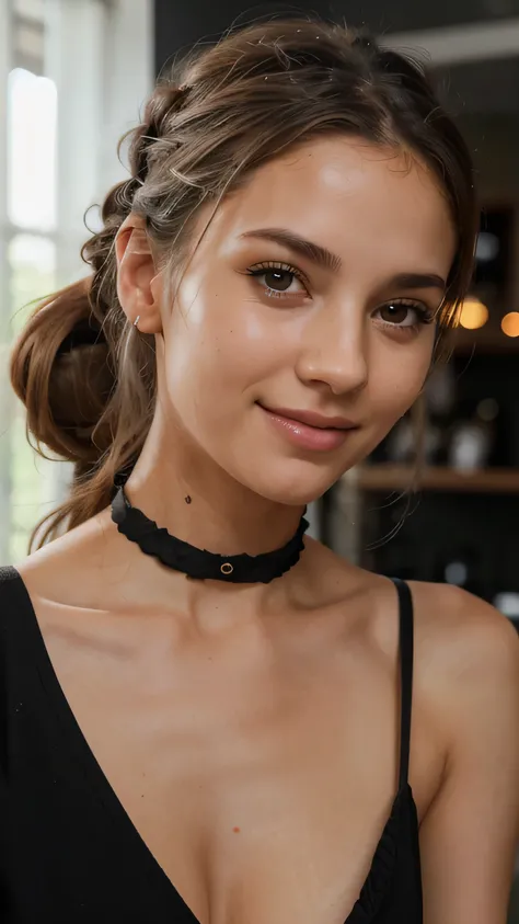 Beautiful girl, with white-gray wavy hair, hair tied in a ponytail, holding her head with her hand, with a good figure, {in a black dress, in a white restaurant, with a choker on her neck with a sexy open mouth} 25 years old, high detail, sharp focus , det...