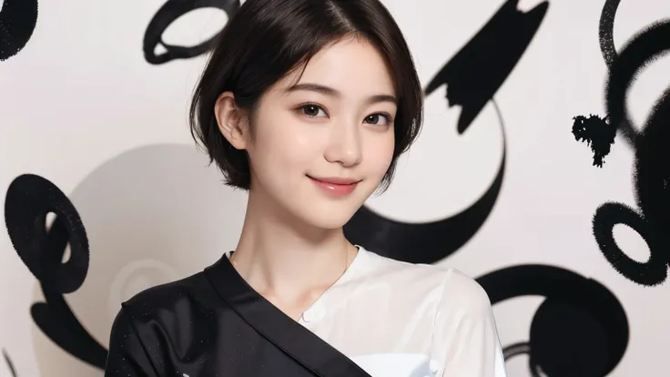 180 short hair, 20 year old female, gentle smile, (abstract background:1.46), (chest:1.2), long sleeve clothes
