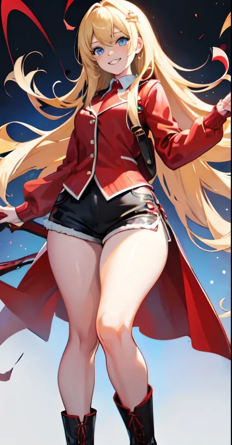 Original, (illustration: 1.1), (best quality), (masterpiece: 1.1), thick thighs, thick legs, flat chest, stylish boots, blonde hair, blue eyes, wide eyes, red cardigan, ((black shorts)), (beautiful clear background: 1.25), (very detailed CG Unity 8K wallpa...