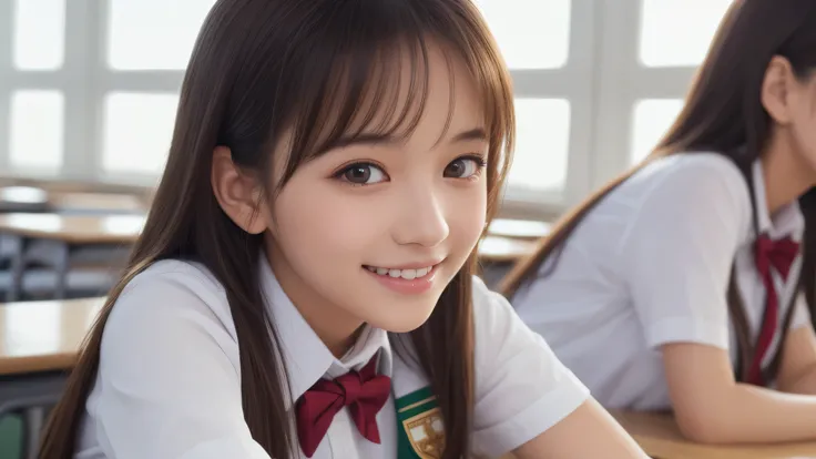 (2 girls:1.2), incredibly beautiful face, enchanting smile, (school uniform, mini skirt:1.2), (highest quality: 1.4), (Super detailed), (highest quality:1.4), (Super detailed), evening, very high resolution, (Upper body), close up face, (School, classroom)...