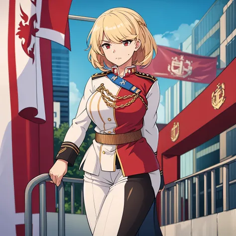 A woman wearing a white military uniform with gold details, medals, large breasts, short blonde hair, red eyes, in the city of London, flag of Wales
