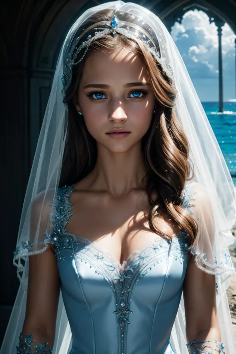 Alicia Vikander, veil bride cinderella costume transparent. professionally retouched, soft lighting, realistic, smooth face, perfect eyes, sharp focus on eyes, 8 k, high definition, insanely detailed, intricate, elegant. be in front of the ocean.