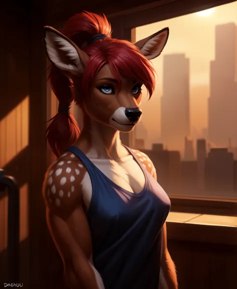 masterpiece, best quality, (hioshiru, tom bagshaw), female deer, anthro, workout, perfect eyes, long eyelashes, (deer), (sweaty face), (red hair, ponytail), brown fur, (makeup, eyeliner:1.1)BREAK (detailed background:1.3), (cinematic lighting), detailed am...