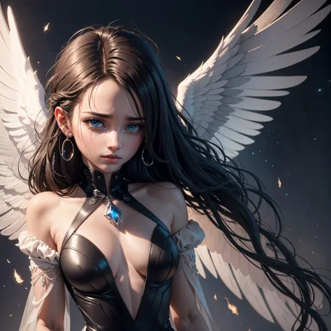 A crying angel with a mysterious doctor in a sci-fi, fantasy setting. The scene features a tearful angel with detailed wings, a sorrowful expression, and flowing tears, accompanied by a mysterious doctor in a dark and cosmic environment. The artwork is cre...