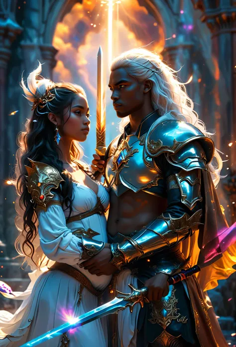 Close up of a couple, In a celestial dreamy landscape, in tribunal, (((a hot darkskin young couple of powerful judge, in 20s))) (((dark skin man and brown skin pregnant woman))), ((young dark skin long (whitehair) celestwarrior:1.7)), ((one dark skin (((pr...