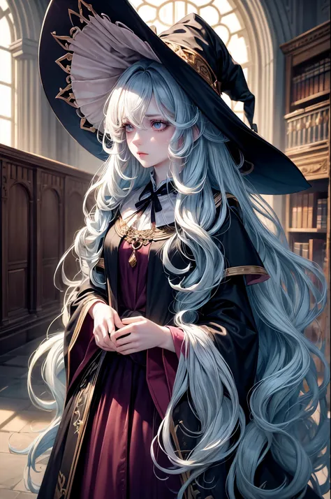 masterpiece, pale skin, pink dry lips, light eyes, eyeshadow, tired looking, tired eyes, medium breasts, light blue hair, messy hair, unkept hair, long hair, dense hair, mane hair, library scenery, dark robes, witch hat, emotionless face
