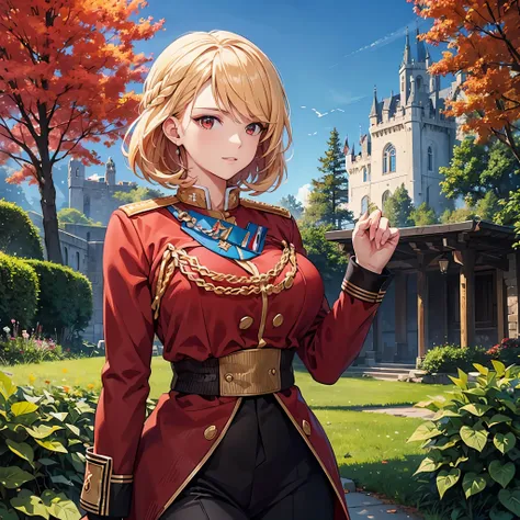 A woman wearing red military uniform with gold details, medals, big breasts, short blonde hair, red eyes, outside a large medieval castle, with forest around.
