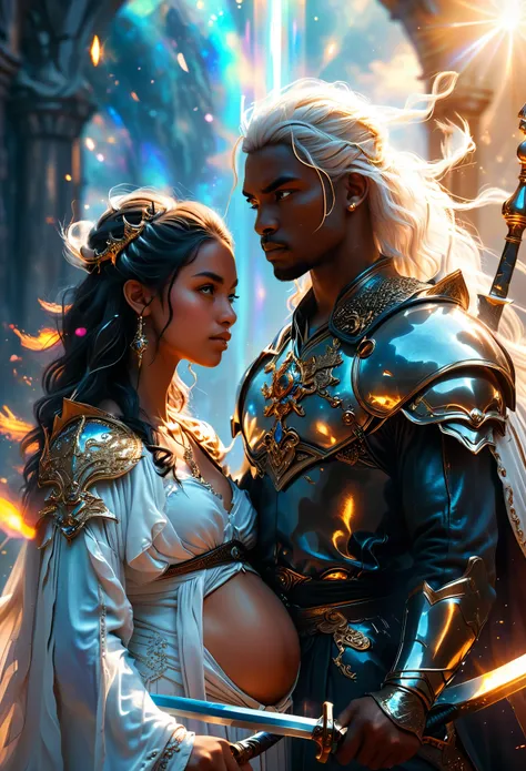 close up of a couple, in a celestial dreamy landscape, in tribunal, (((a hot darkskin young couple of powerful judge, in 20's)))...