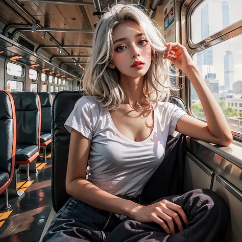 nfsw,Realistic, photo, photo real, 16k, 8k, best quality, masterpiece, ultra-detiled, rawphoto, digital fashion art、T-shirt with precious white and black、Fashion Model、gray haired white woman、sitting in an empty train
//Character
BREAK
1girl, fashion model...