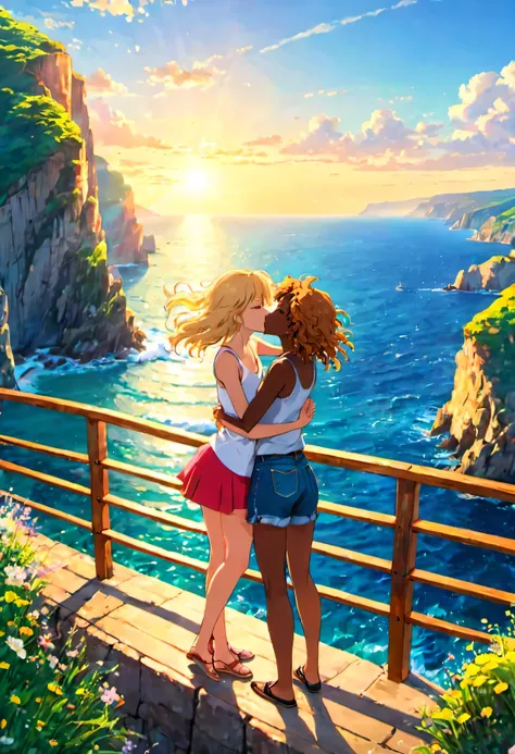 two anime girls kissing, both closed eyes, dynamic poses, location: a viewpoint atop a cliff by the sea on a summer morning. cli...