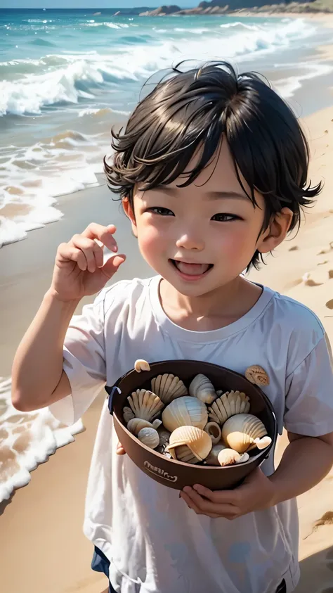 A 3-year-old  happily shows his parents the shells he picked up.,The mother looks on with interest and surprise.、smile、big laugh background:sandy beach,Sparkling
(full shot)

"(setting):(best quality),(masterpiece),(detailed),(ultra detailed),(insanely det...