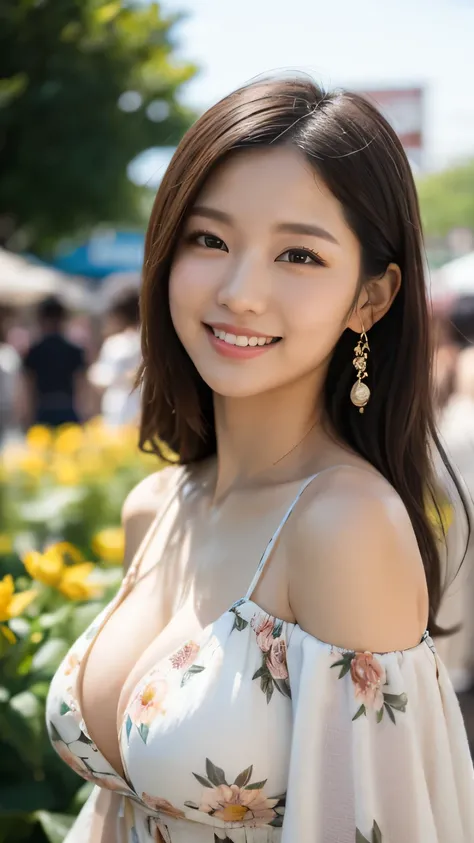 masterpiece, elegant. Ultra-fine details, masterpieces, realistic textures, realistic cinematic lighting, perfect work, 8k, HD, delicate facial features, (upper body), (large breast:1.2), smile, (Japanese idol:1.3), Professional lighting, 
Off-shoulder flo...