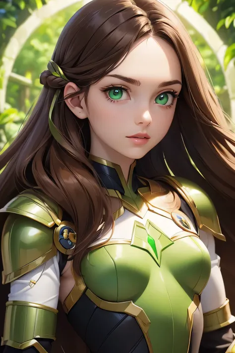 ((Masterpiece)) ((Perfect Face)) ((portrait)) ((Beautiful)) ((Small Breasts)) ((Wide Hips)) ((Super Hero Armor)) ((Long Hair)) ((Brown Hair)) ((Pale Skin)) ((Glowing green Eyes)) ((Button Nose)) ((Full Lips))
