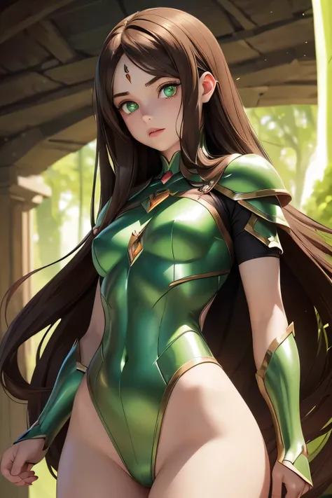 ((Masterpiece)) ((Perfect Face)) ((Beautiful)) ((Small Breasts)) ((Wide Hips)) ((Super Hero Armor)) ((Long Hair)) ((Brown Hair)) ((Pale Skin)) ((Glowing green Eyes)) ((Button Nose)) ((Full Lips))
