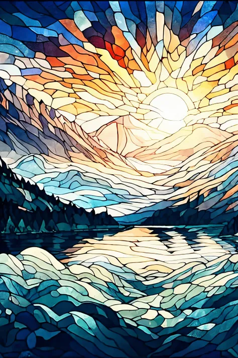 a stained glass window, showing the dawn in a landscape of mountains, light tones, cold tones